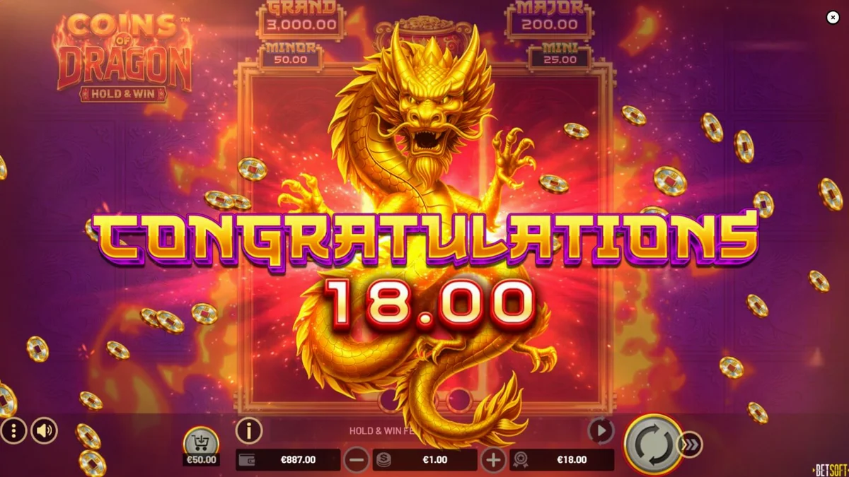 Tampilan antarmuka slot Coins of Dragon dengan tema naga dan koin emas.