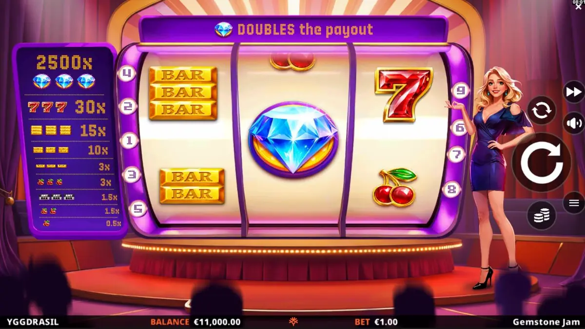 Tampilan visual slot Gemstone Jam dengan simbol berlian dan buah klasik