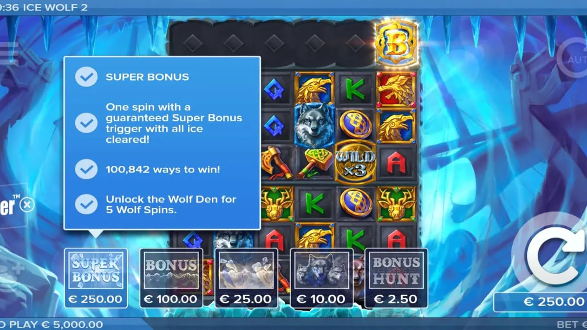 Tampilan grid es yang membeku dalam slot Ice Wolf 2 dengan latar belakang pegunungan salju.